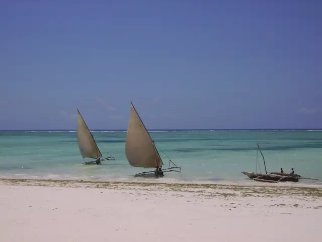 Traditional sailing boats beside a white sand beach in Zanzibar
