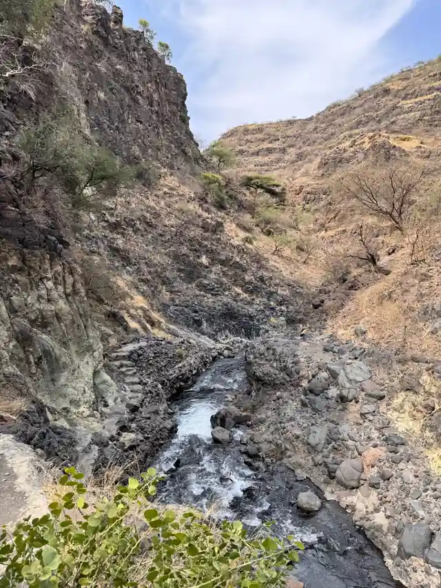 A stream running between steep rocky canyon walls